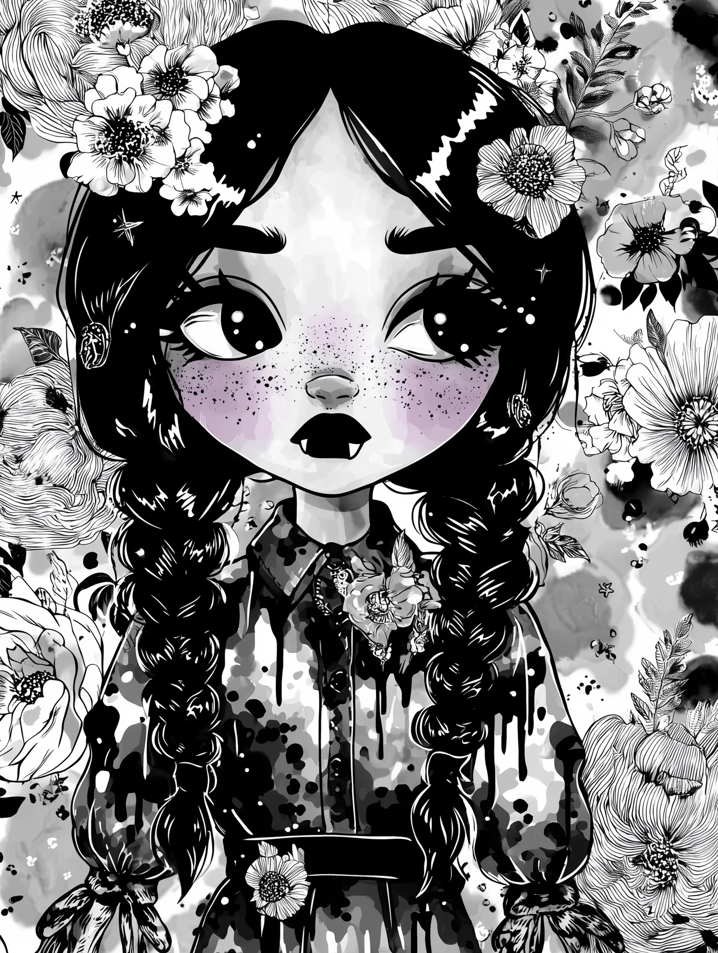 Free printable vampire coloring page for adults featuring a vampire girl with long black braids